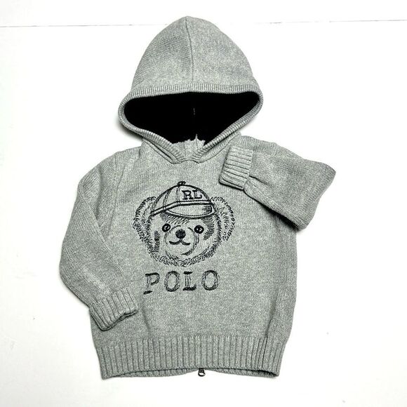 Polo Ralph Lauren Other - Ralph Lauren Polo Bear Baby Sweater 
With Hood Gray Cotton Back Zipper 18 month